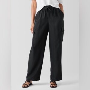 Eileen Fisher Washed Silk Black Pull On Tie Waist Wide Leg Flowy Cargo Pants
